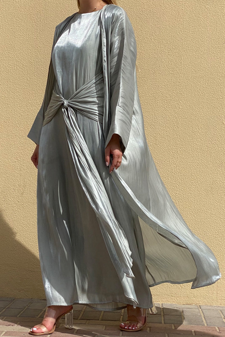 MOiSTREET Rotana Shimmer Tiara Grey Abaya Set Comes With 3 Piece (6811117846712)