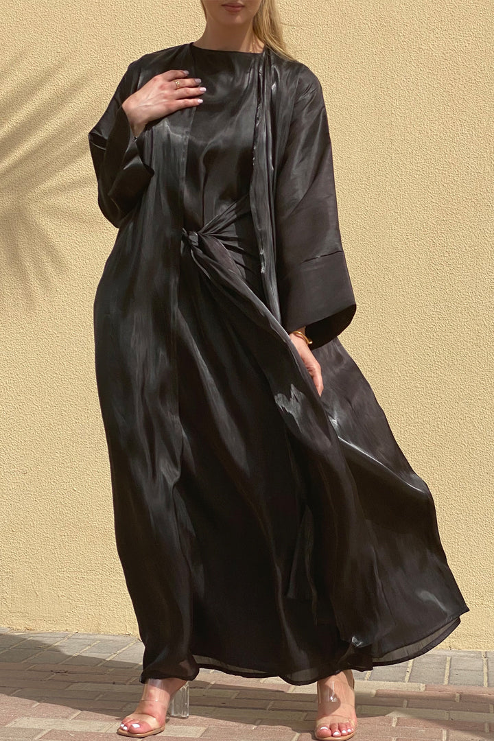 MOiSTREET Rotana Shimmer Black Abaya Set Comes With 3 Piece (6811129184440)