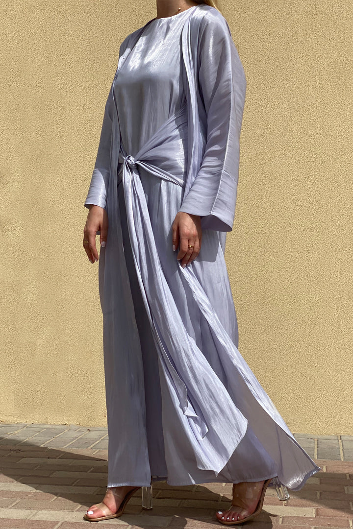 MOiSTREET Rotana Shimmer Lavender Grey Abaya Set Comes With 3 Piece (6811148452024)