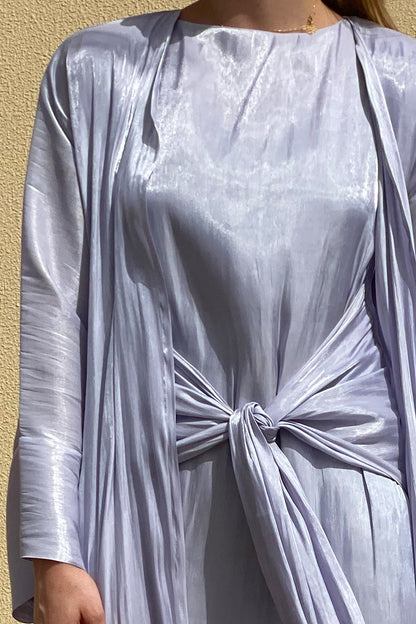 MOiSTREET Rotana Shimmer Lavender Grey Abaya Set Comes With 3 Piece (6811148452024)
