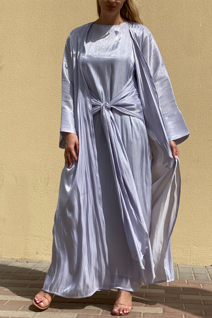 MOiSTREET Rotana Shimmer Lavender Grey Abaya Set Comes With 3 Piece (6811148452024)