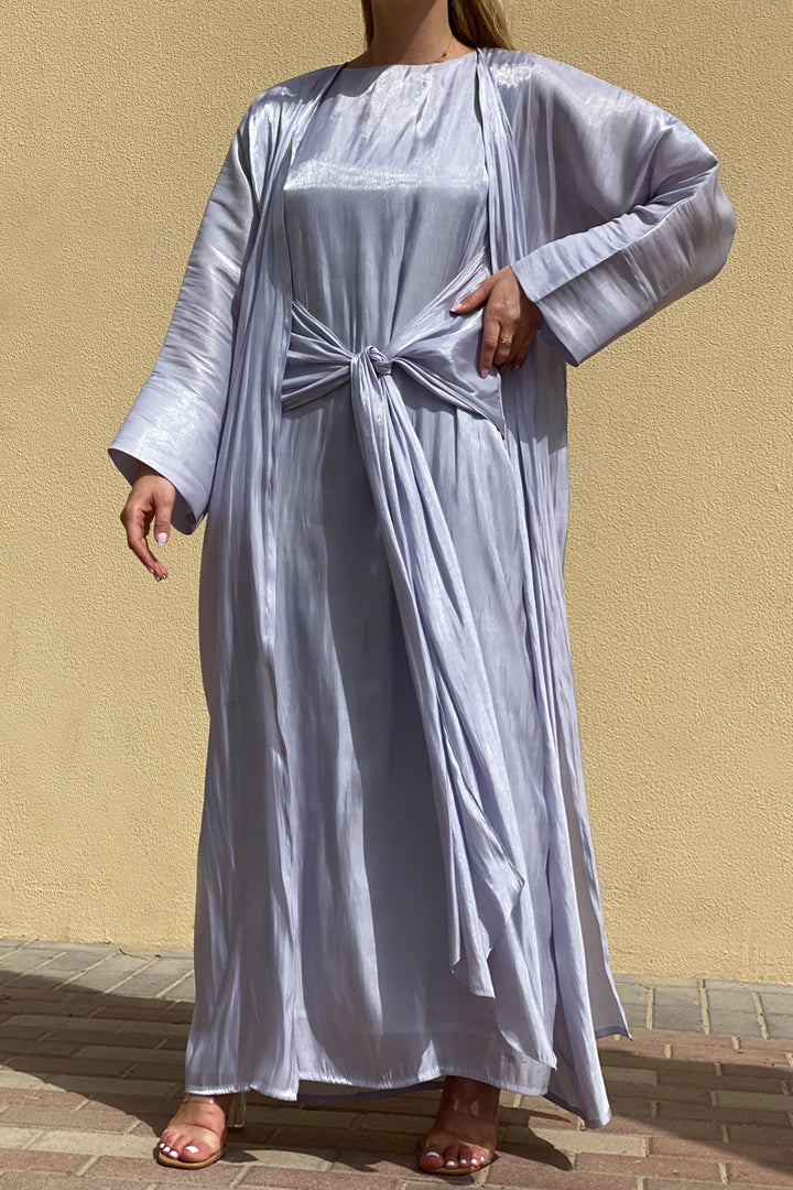 MOiSTREET Rotana Shimmer Lavender Grey Abaya Set Comes With 3 Piece (6811148452024)