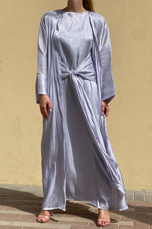 MOiSTREET Rotana Shimmer Lavender Grey Abaya Set Comes With 3 Piece (6811148452024)