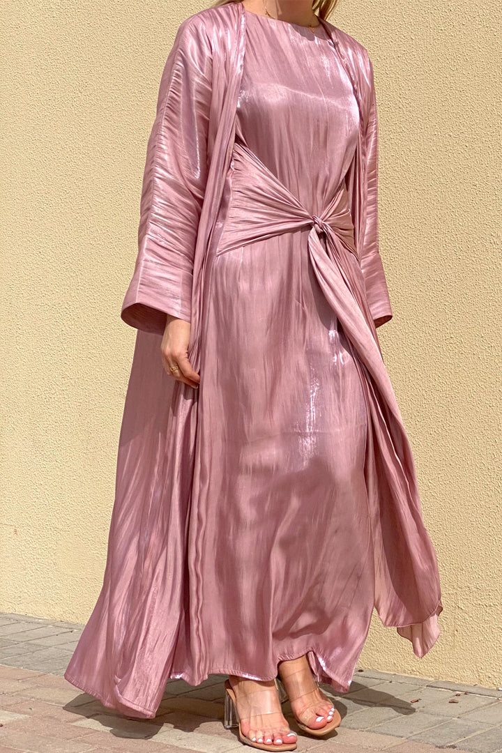 MOiSTREET Rotana Shimmer Lavender Pink Abaya Set Comes With 3 Piece (6811162673336)