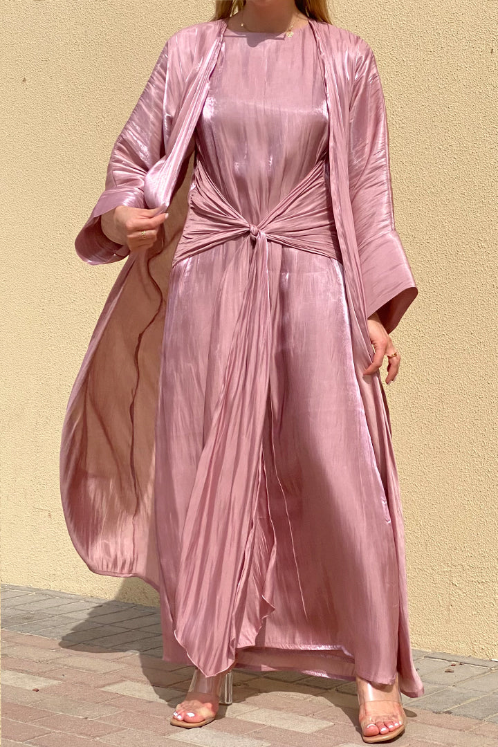 MOiSTREET Rotana Shimmer Lavender Pink Abaya Set Comes With 3 Piece (6811162673336)