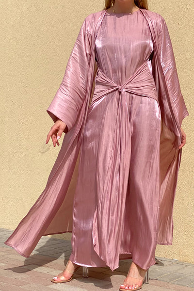 MOiSTREET Rotana Shimmer Lavender Pink Abaya Set Comes With 3 Piece (6811162673336)