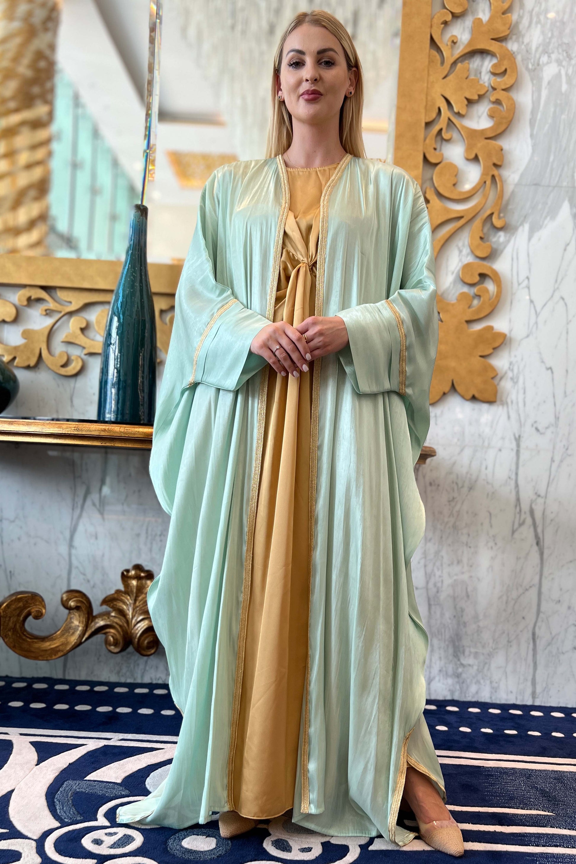 Copy of MOiSTREET Teal Blue Rotana Shimmer Bhist Abaya Set (7896536187107)