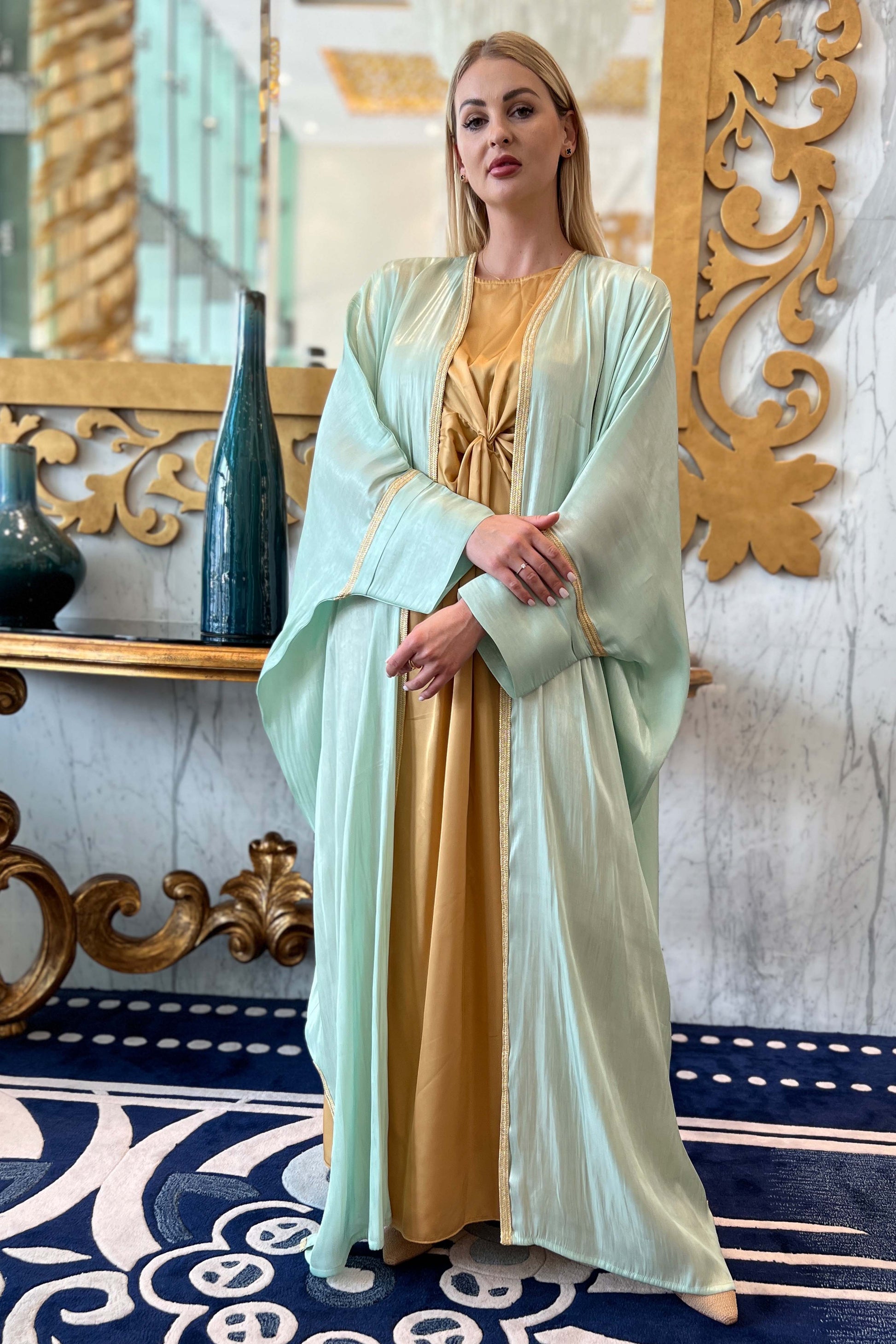 Copy of MOiSTREET Teal Blue Rotana Shimmer Bhist Abaya Set (7896536187107)