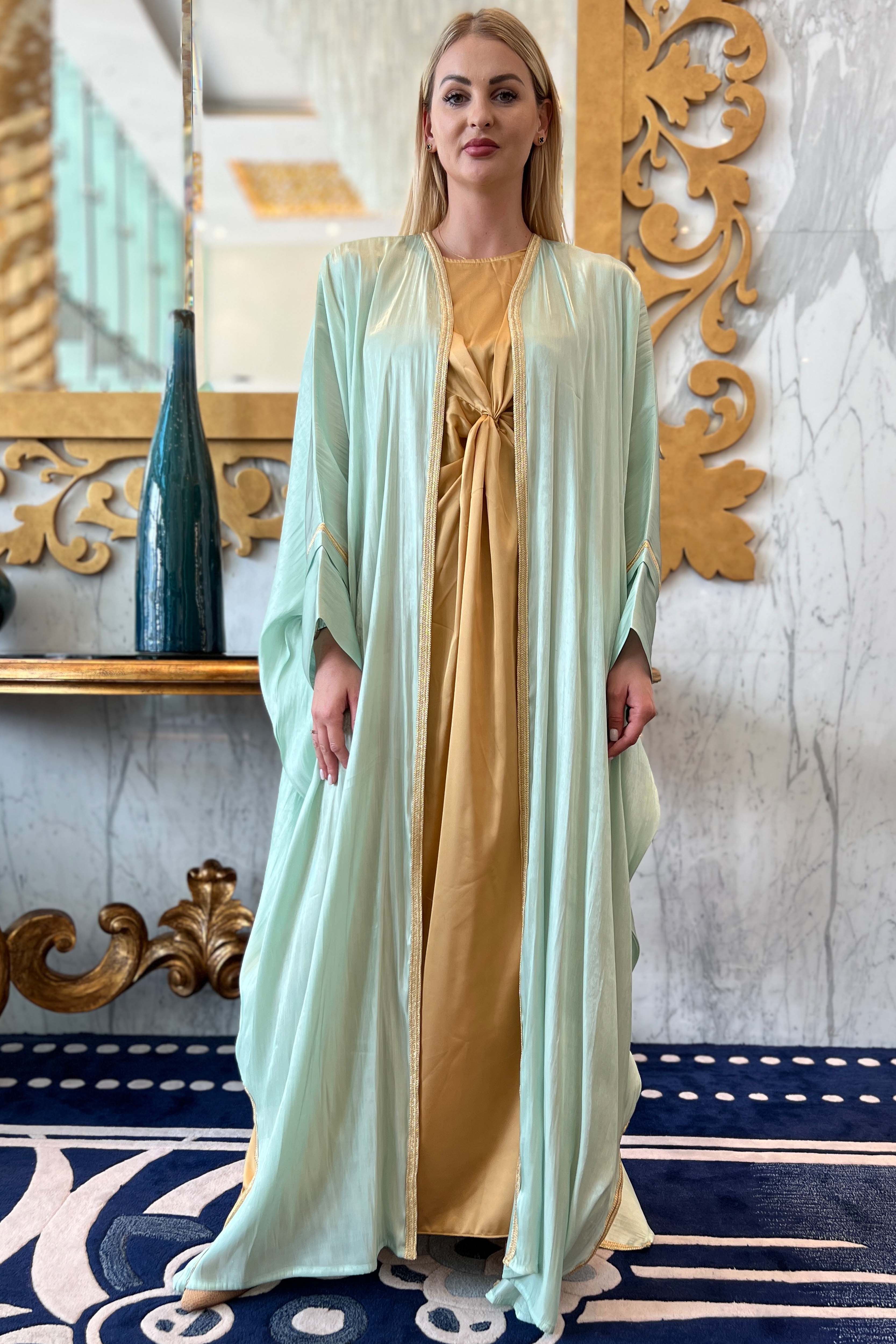Rotna Mo Green Cyan Rotana Shimmer Bhist Abaya Set | MOiSTREET – Moistreet