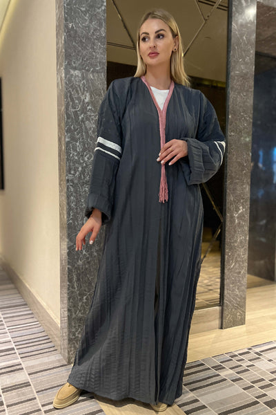MOiSTREET Grey Crushed Linen and Cotton Abaya with Wool Work on Neck (7897551536355)