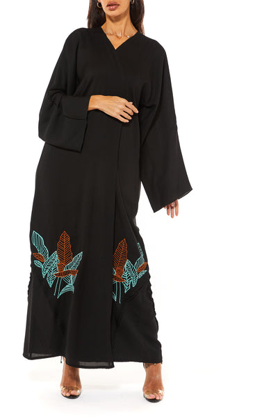 Black Crepe Abaya With Threadwork Embroidery (7464329904355) عباية سوداء