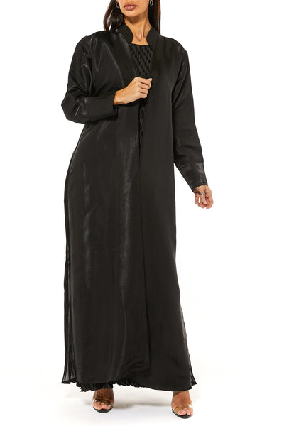 Black Abaya Set With Pleated Detailing. Comes With Pleated Underdress (7464344584419) عباية سوداء بتفاصيل ثنيات. يأتي مع كسوة تحتية