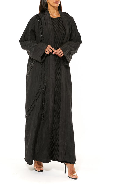 MOiSTREET Black Pleated Taffeta Abaya Embellished with Handwork (7493319065827)
