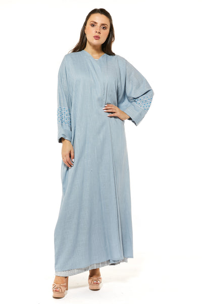 MOiSTREET Blue Linen Abaya with Threadwork (7484768157923)