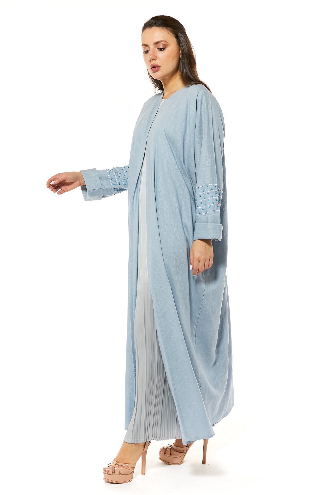 MOiSTREET Blue Linen Abaya with Threadwork (7484768157923)