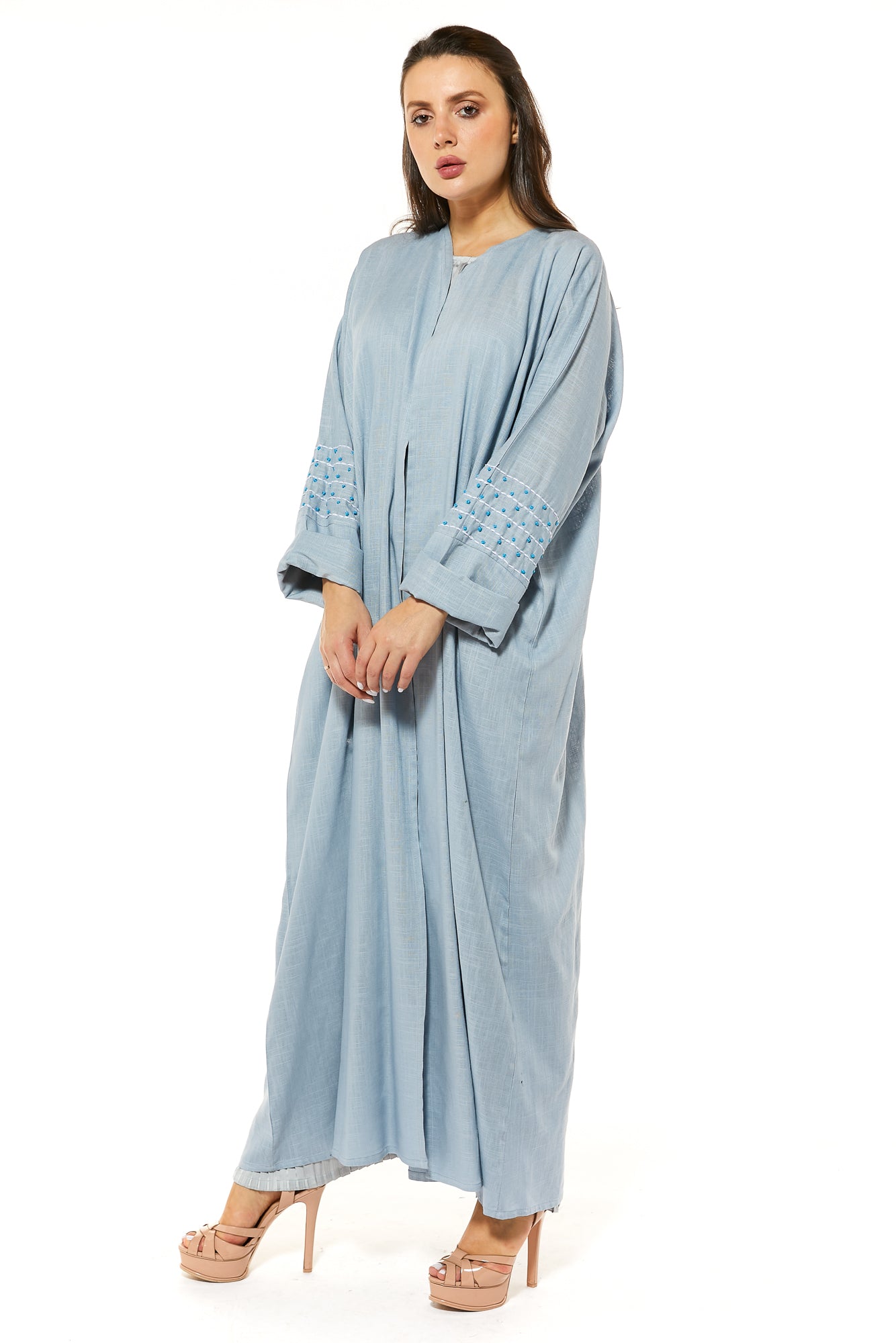 MOiSTREET Blue Linen Abaya with Threadwork (7484768157923)