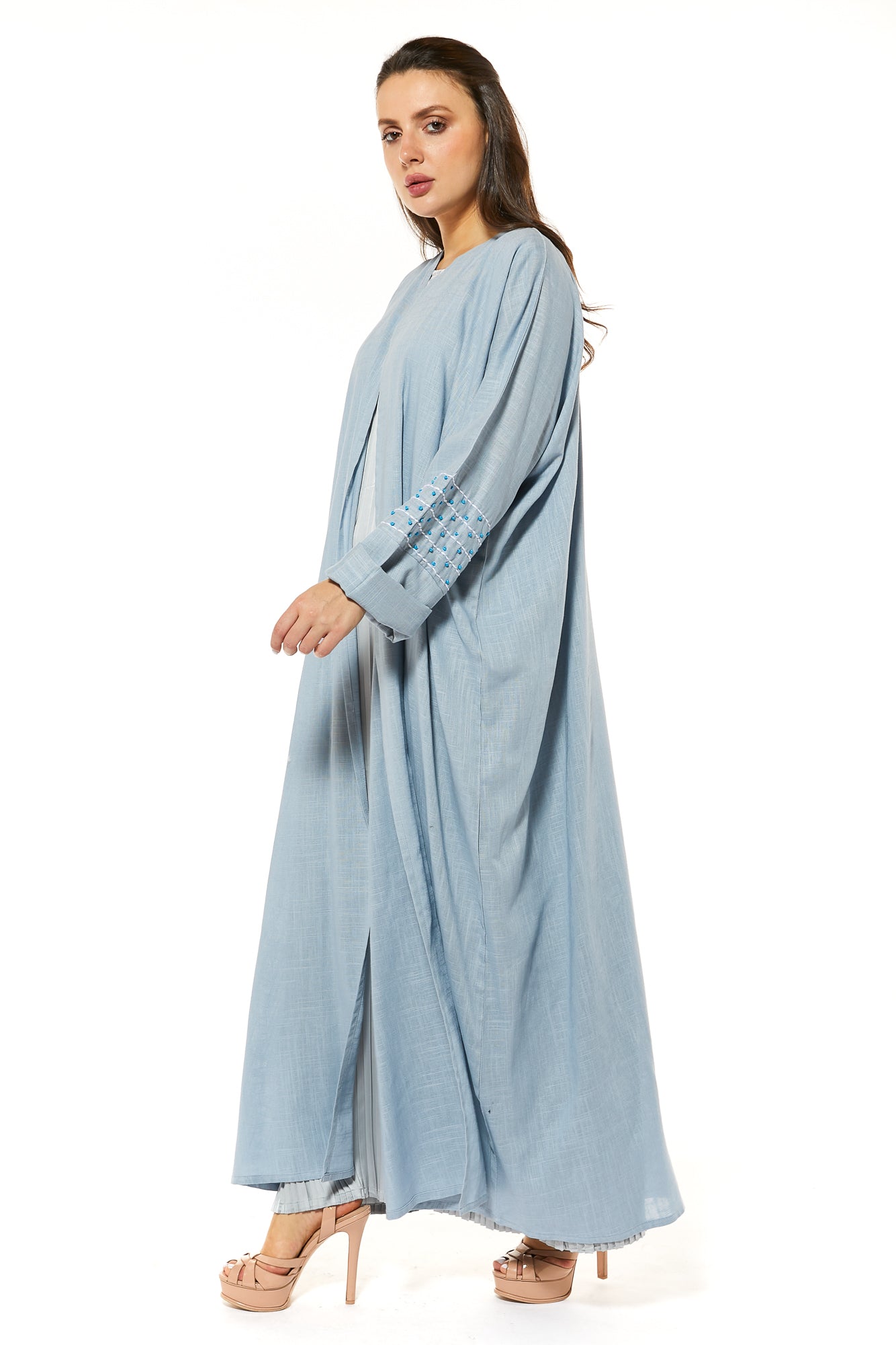 MOiSTREET Blue Linen Abaya with Threadwork (7484768157923)