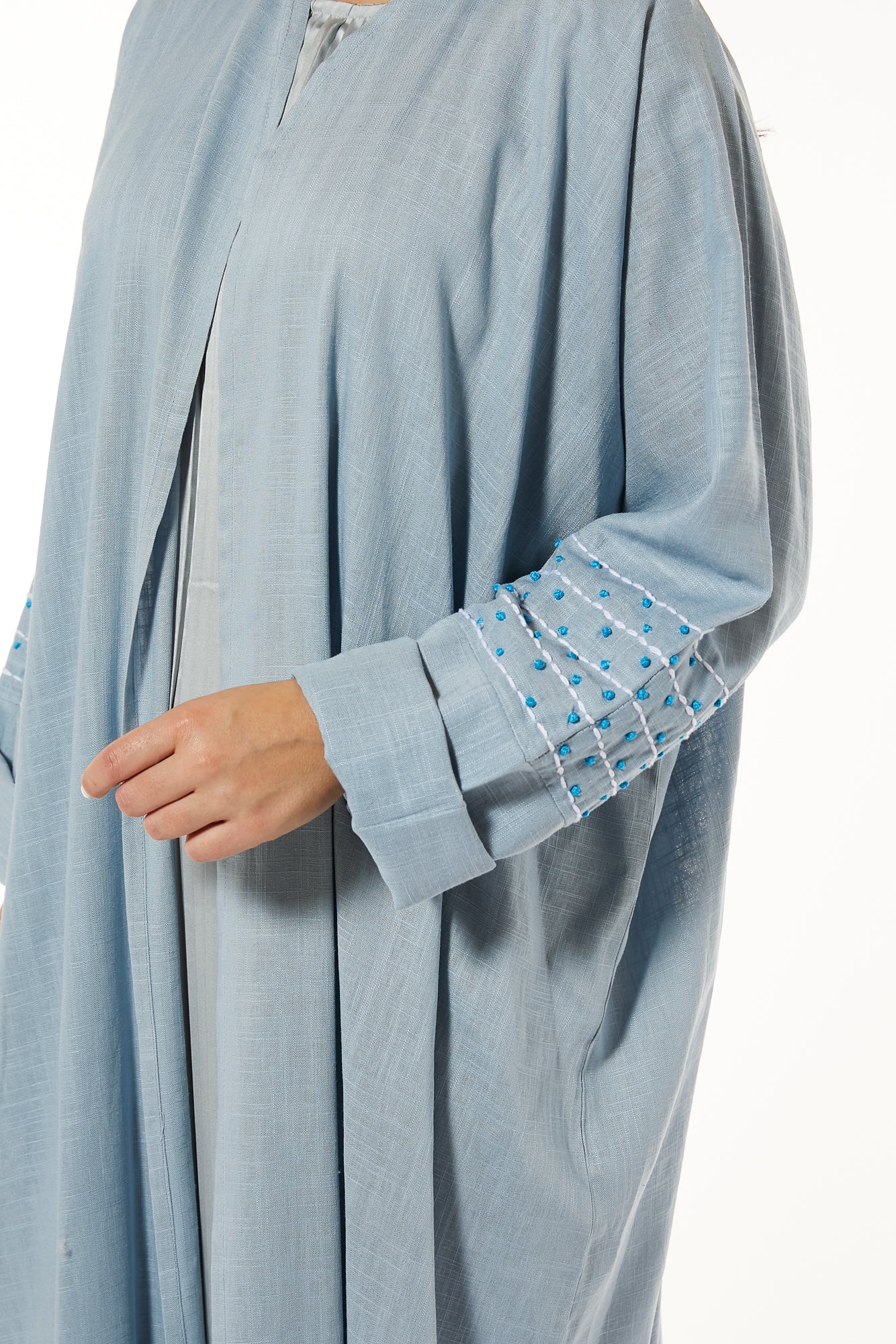 MOiSTREET Blue Linen Abaya with Threadwork (7484768157923)