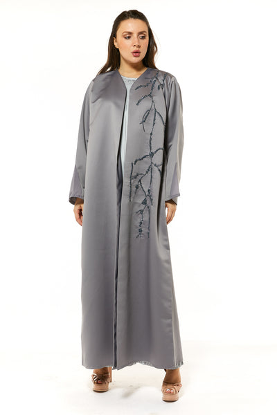 MOiSTREET Bridal Satin Grey Abaya With Hand Embroidery (7484954050787)