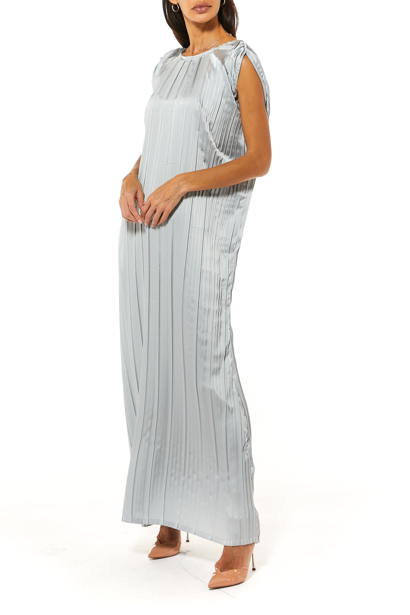 Grey Pleated Silk Under Dress (7476374503651) تحت عباية