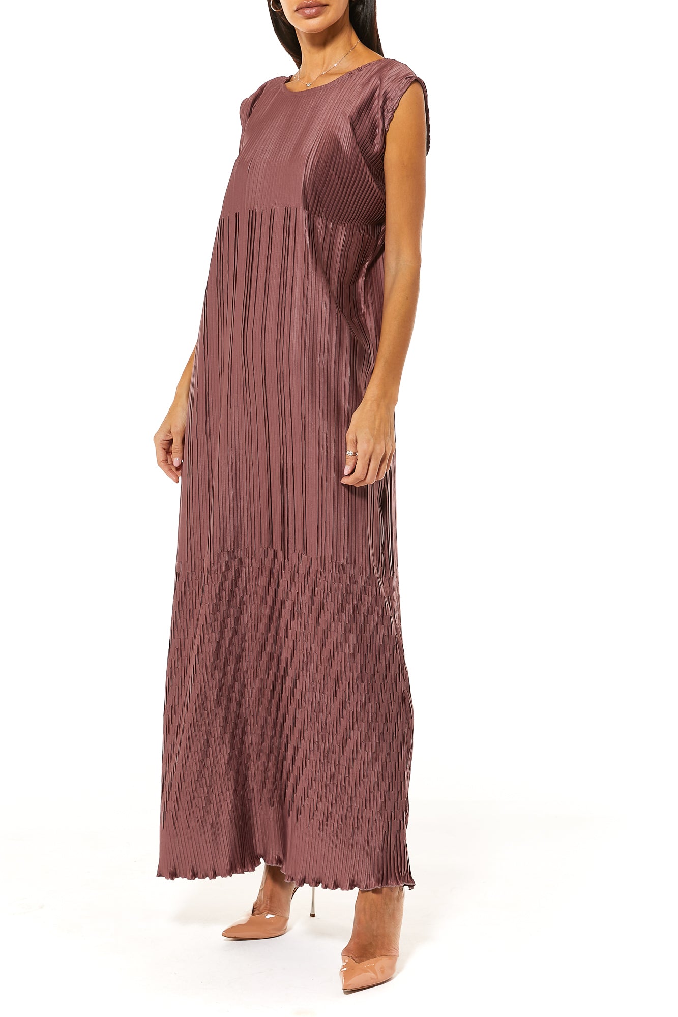 MOiSTREET Brown Pleated Under Dress (7482499891427)