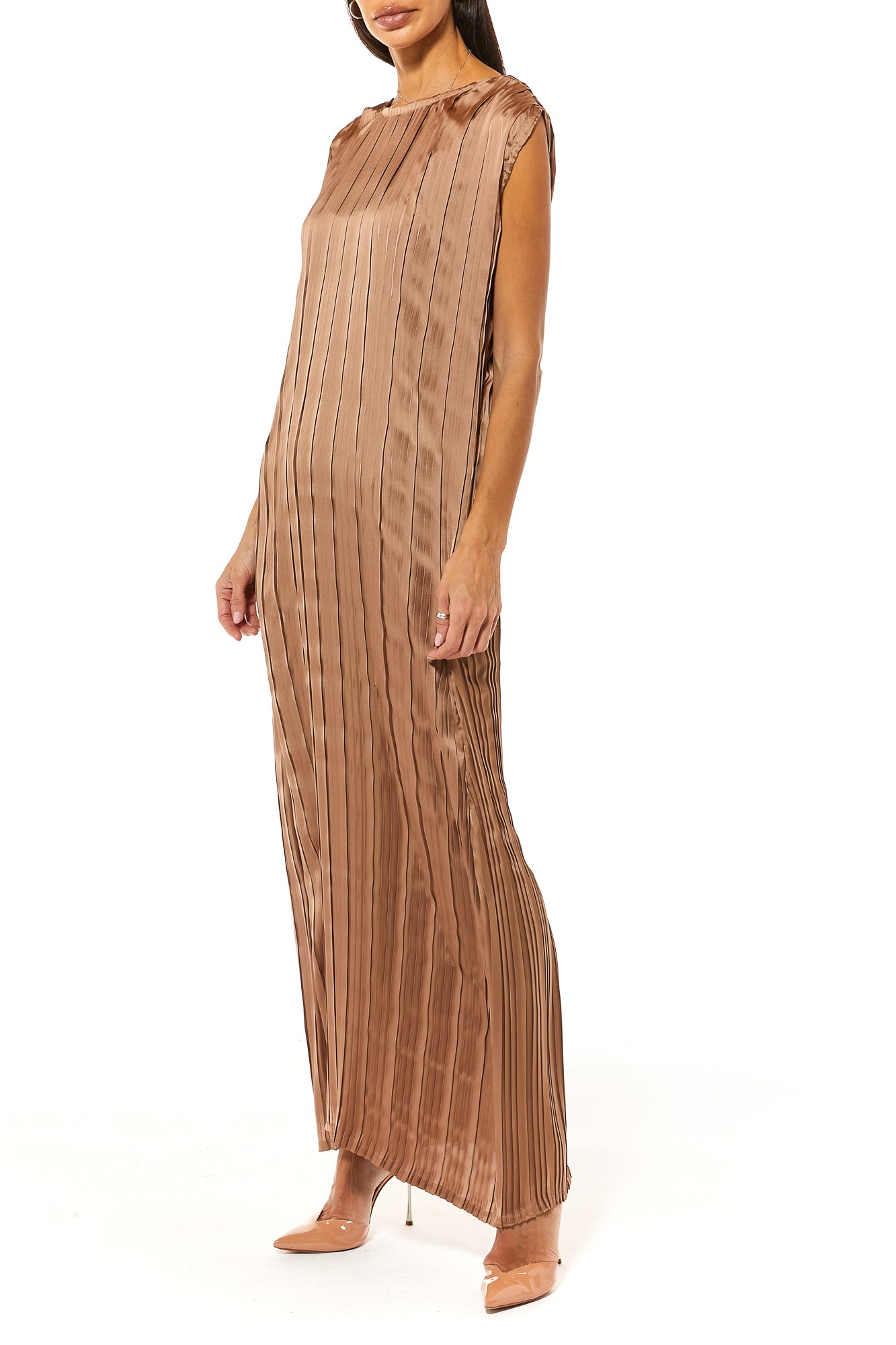 MOiSTREET Brown Pleated Silk Under Dress (7482585022691)