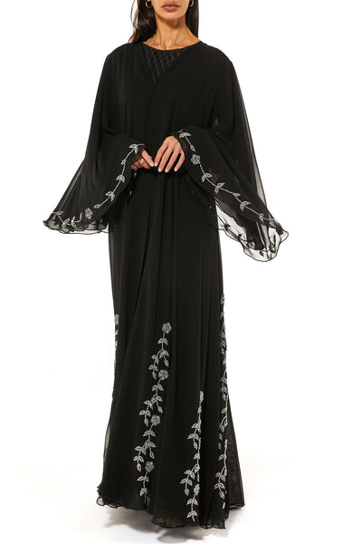 Black Chiffon Abaya With Handwork Embellishments (7464351301859) عباية سوداء