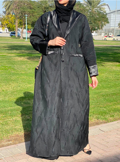 Textured Black Abaya with Pockets and Collar-3 Piece Set (6701416874168)