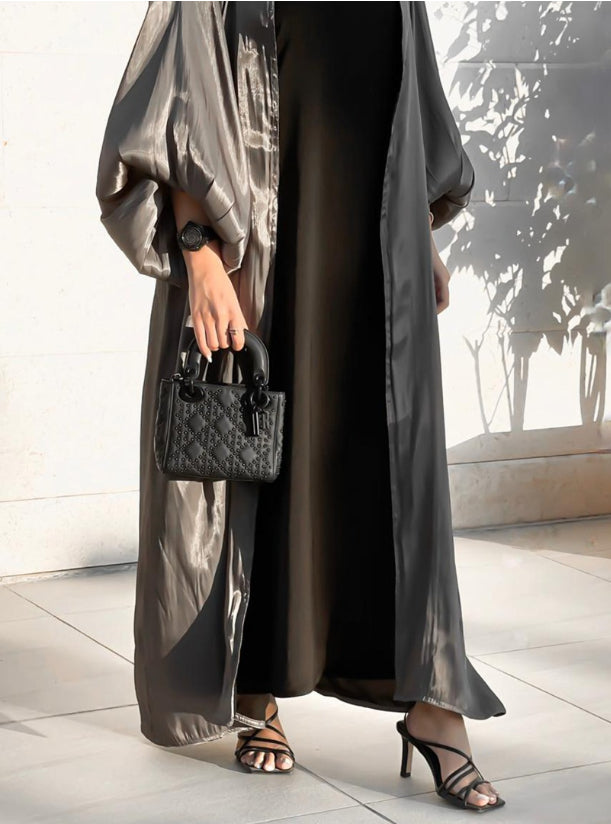 MOiSTREET Grey Shimmer Abaya with Bubble Sleeves (6701417201848)