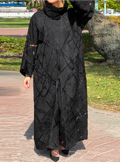 MOiSTREET Black Organza & Crepe Abaya with Sheer Panels and Embellishments (6701417431224)