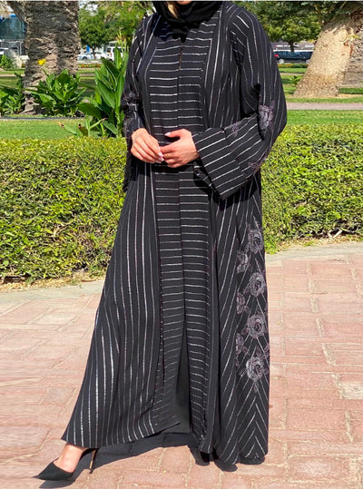 MOiSTREET Black Metallic Striped Abaya with Floral Tatreez Details (6701417496760)
