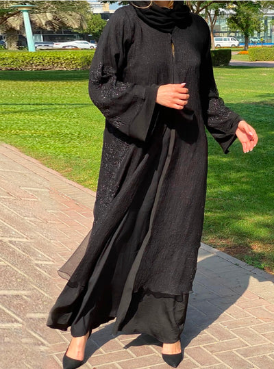 MOiSTREET Black Harir Maqsood & Organza Abaya with Sheer Overlay and Embellishments (6701417562296)