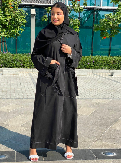 MOiSTREET Black Shamoua Abaya Featuring Large Front Pockets with Contrast Stitching (6701417627832)