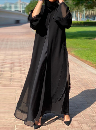 MOiSTREET Black Chiffon Double-Layered Abaya Featuring Curved Hemline with Lace Trimmings (6701417693368)