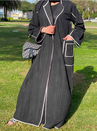 MOiSTREET Black Shamoua Abaya Set with Pipin Detail Comes with Underdress and Sheila (6701417857208)