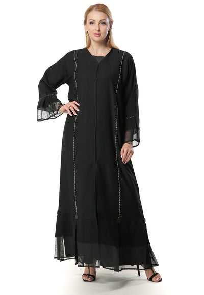 Black Abaya with Pleated Hem and Button Detailing (6701416186040)