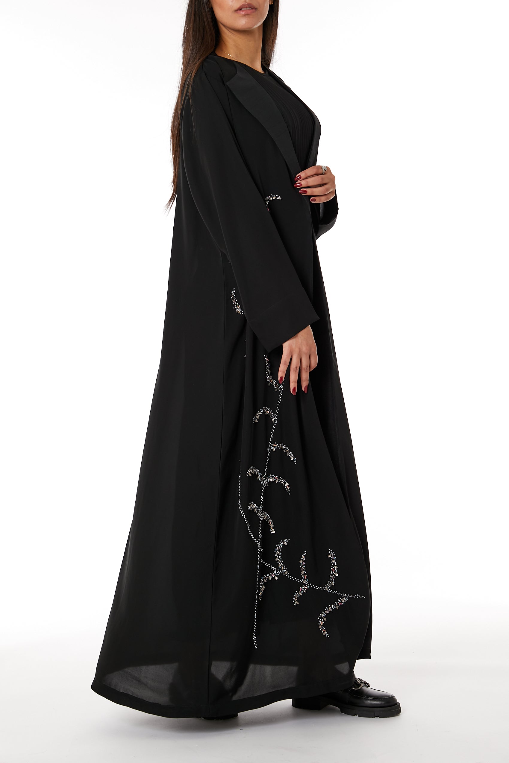 Copy of MOiSTREET Black Bridal Satin Abaya with hand Embroidery on sleeves (8053455388899)