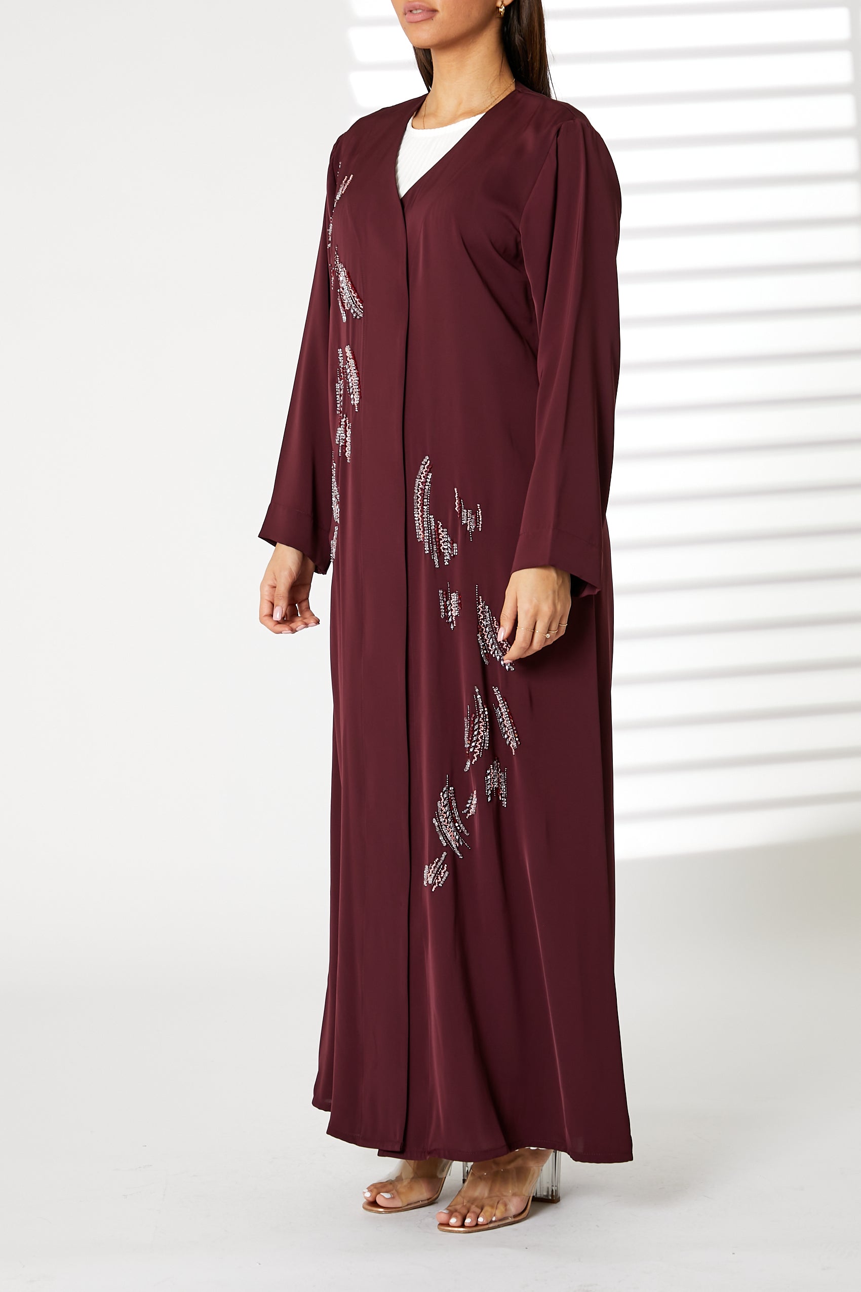 MOiSTREET Maroon Nida Embroidered Open Abaya (8055199629539)