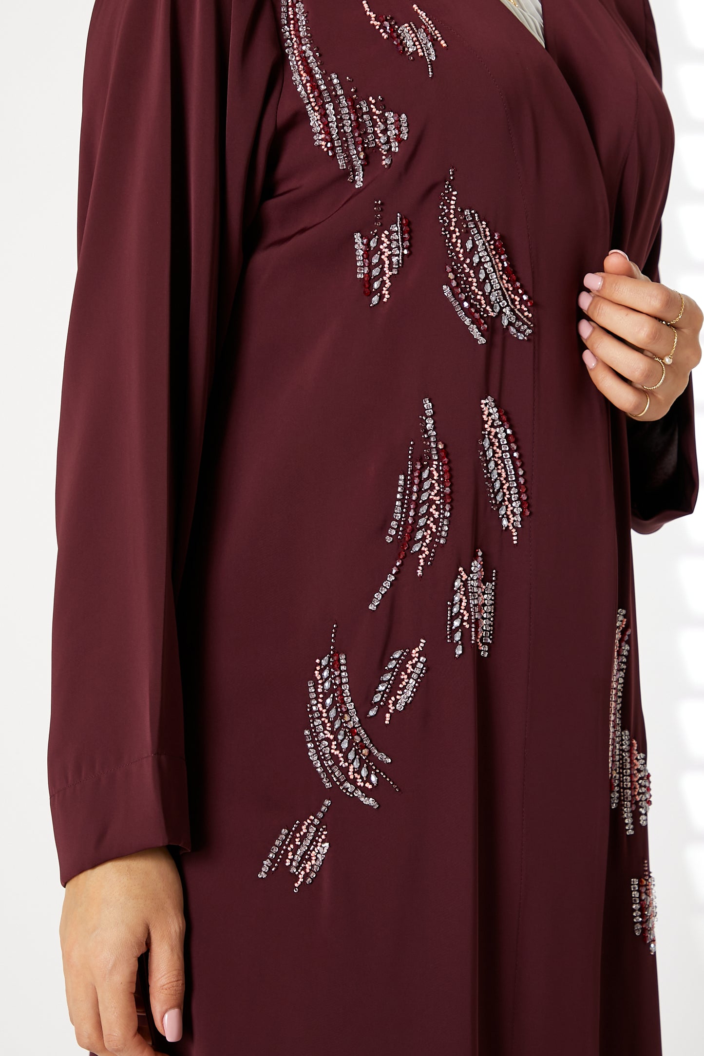 MOiSTREET Maroon Nida Embroidered Open Abaya (8055199629539)