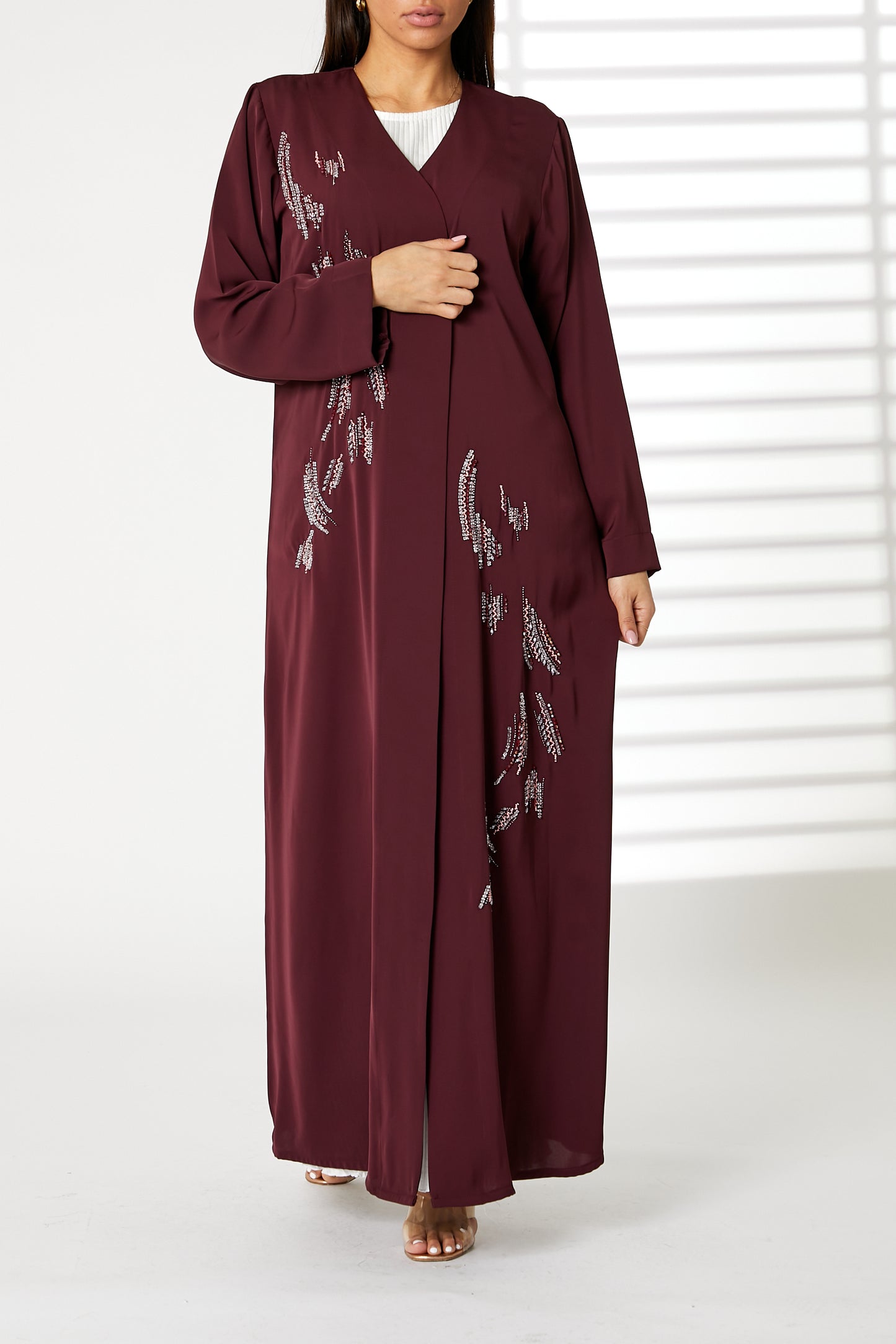 MOiSTREET Maroon Nida Embroidered Open Abaya (8055199629539)