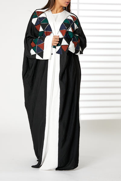MOiSTREET Harir Maqsood Black Bisht Geometrical Embroidery Abaya (8055203594467)