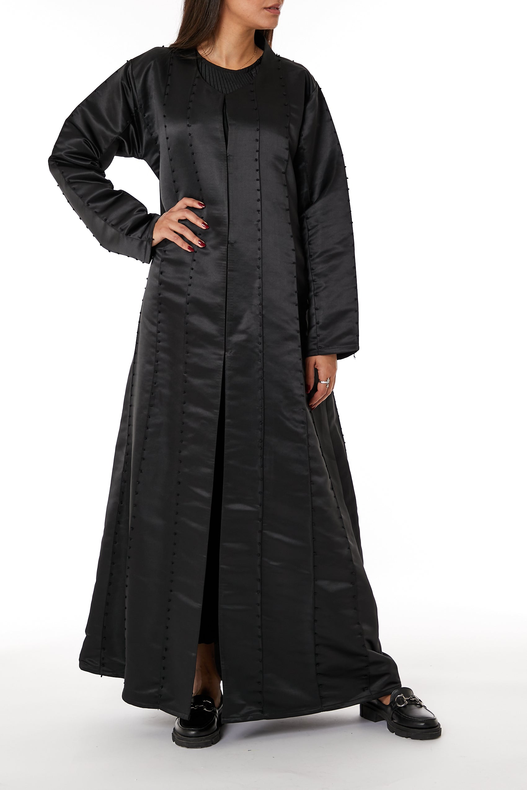 Copy of MOiSTREET Black V-Neck Taffeta Abaya with white Thread Work (8053512601827)