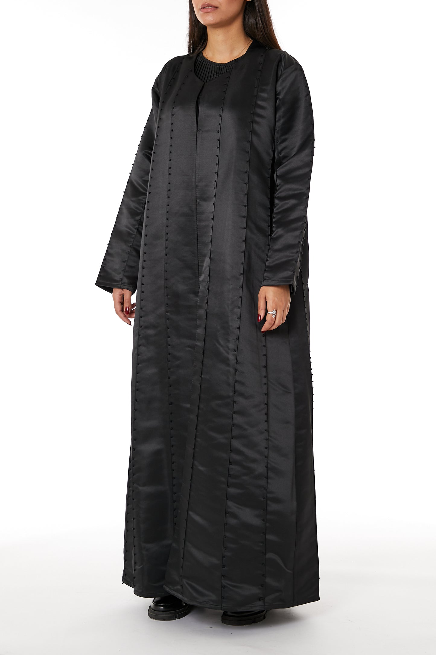 Copy of MOiSTREET Black V-Neck Taffeta Abaya with white Thread Work (8053512601827)