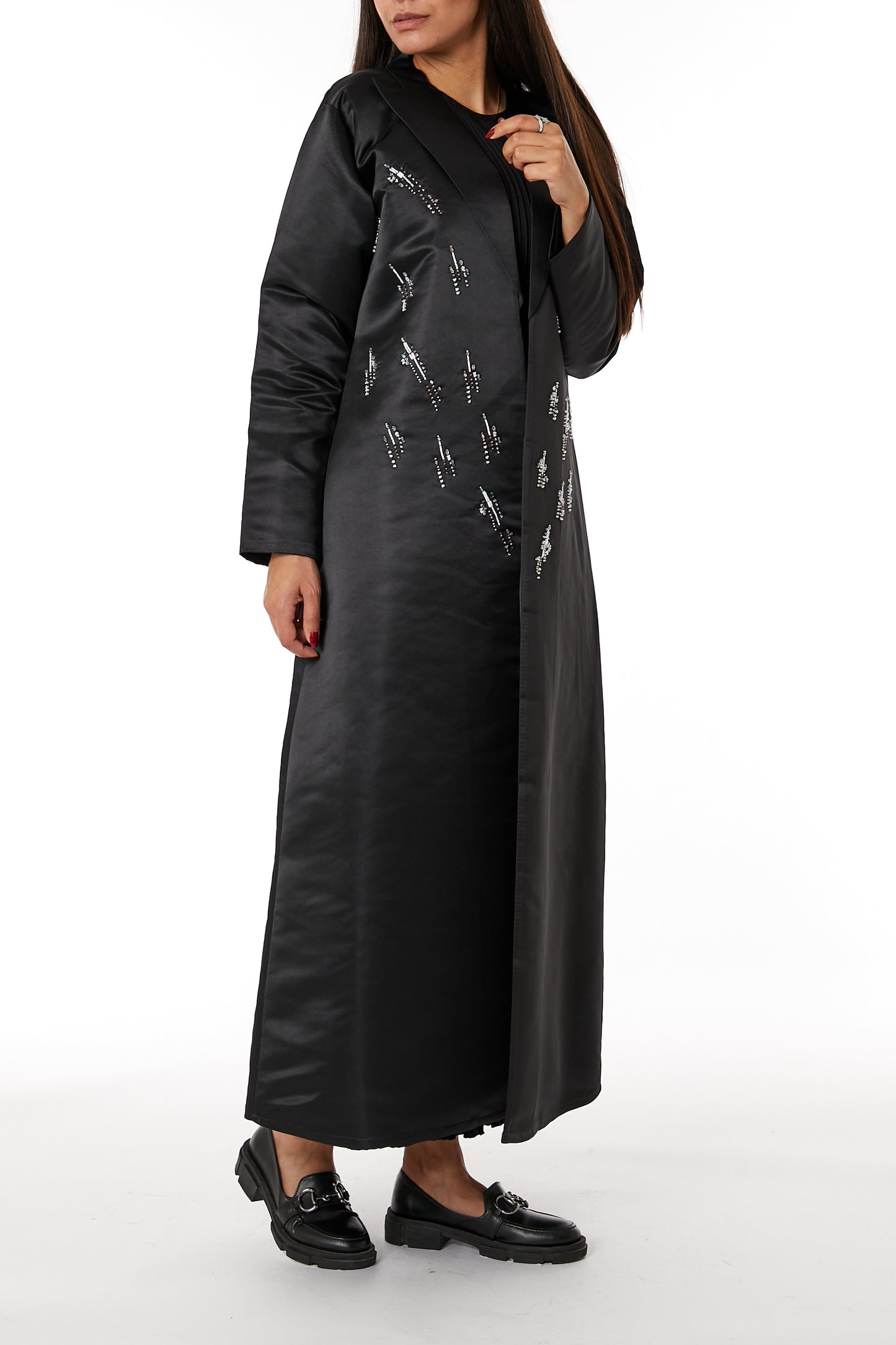 Copy of MOiSTREET Black Bridal Satin Abaya with Contrast Lace on Lapel Collar (8053707604195)