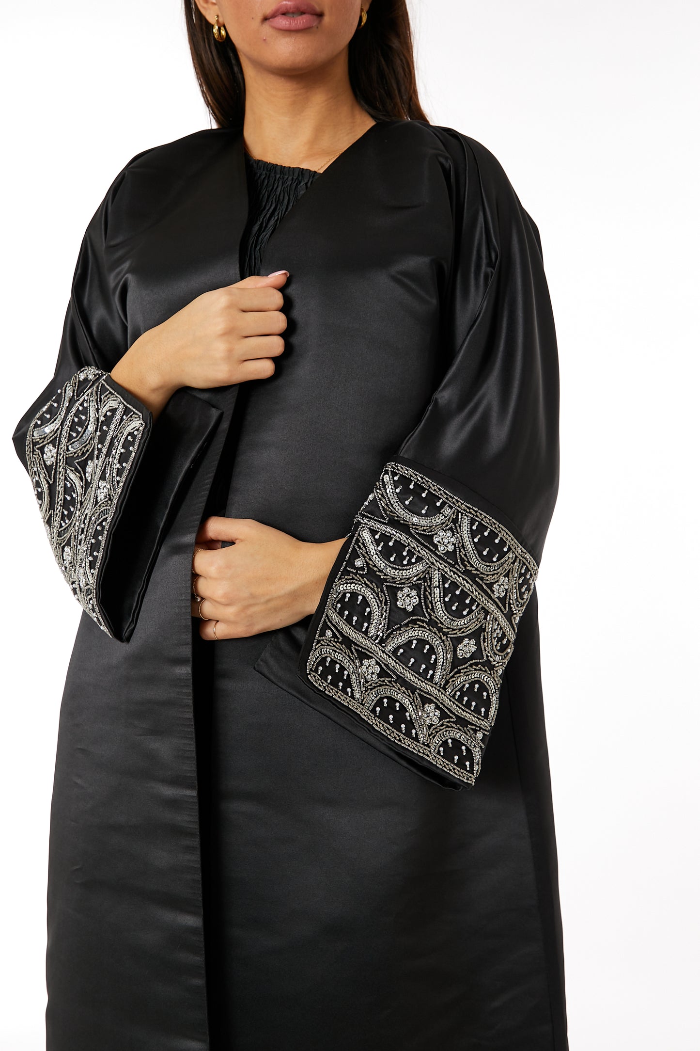 Copy of MOiSTREET Black Lapel Collar Bridal Satin Embroidered Abaya (8053708161251)