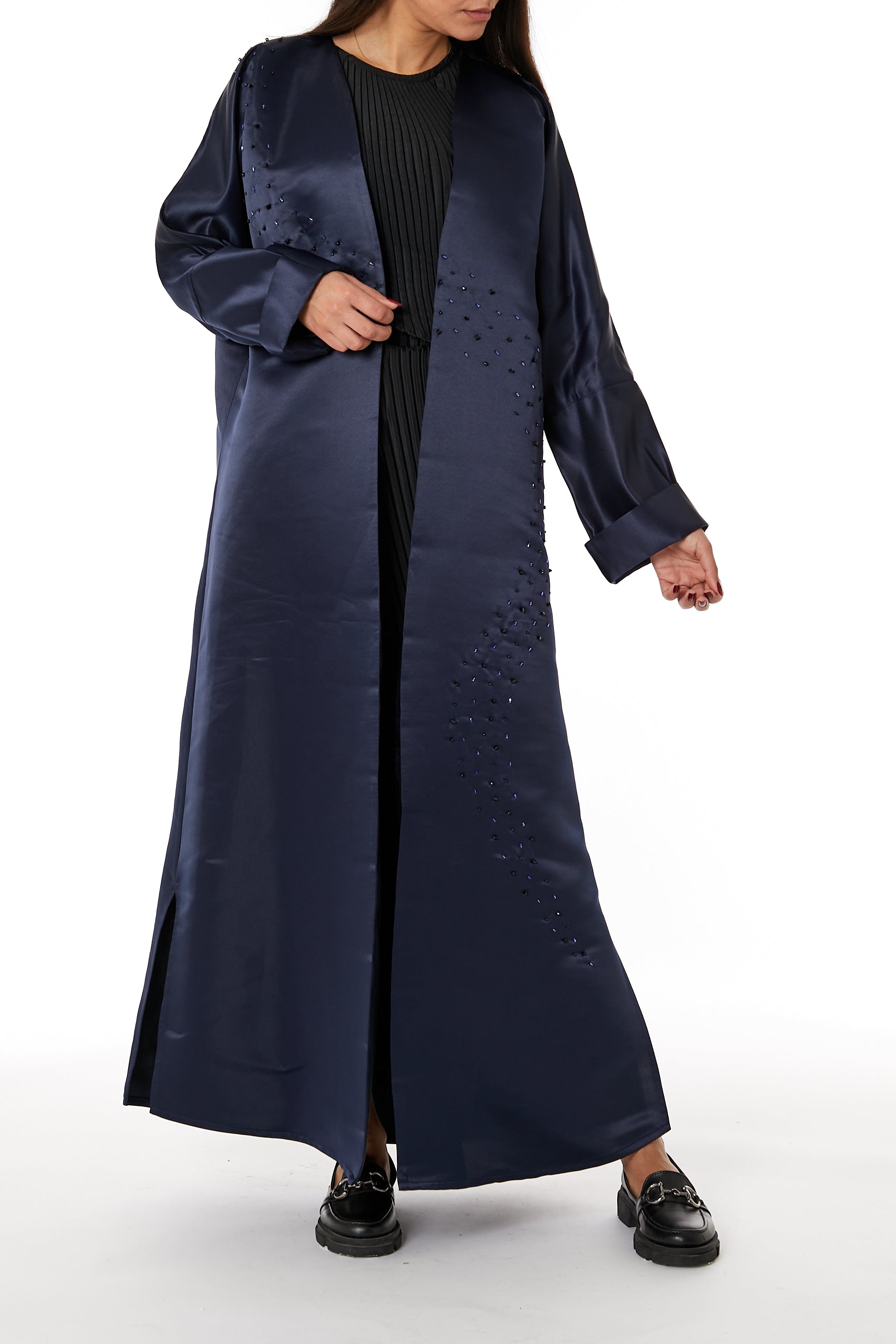 MOiSTREET Navy Bridal Satin Embellished Open Abaya (8053718581475)