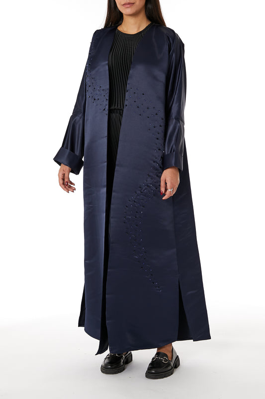 MOiSTREET Navy Bridal Satin Embellished Open Abaya (8053718581475)