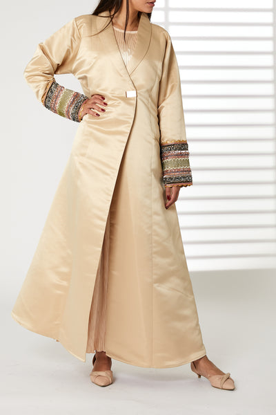 MOiSTREET Peach Lapel Collar  Bridal Satin Abaya with  Pockets (8053733818595)