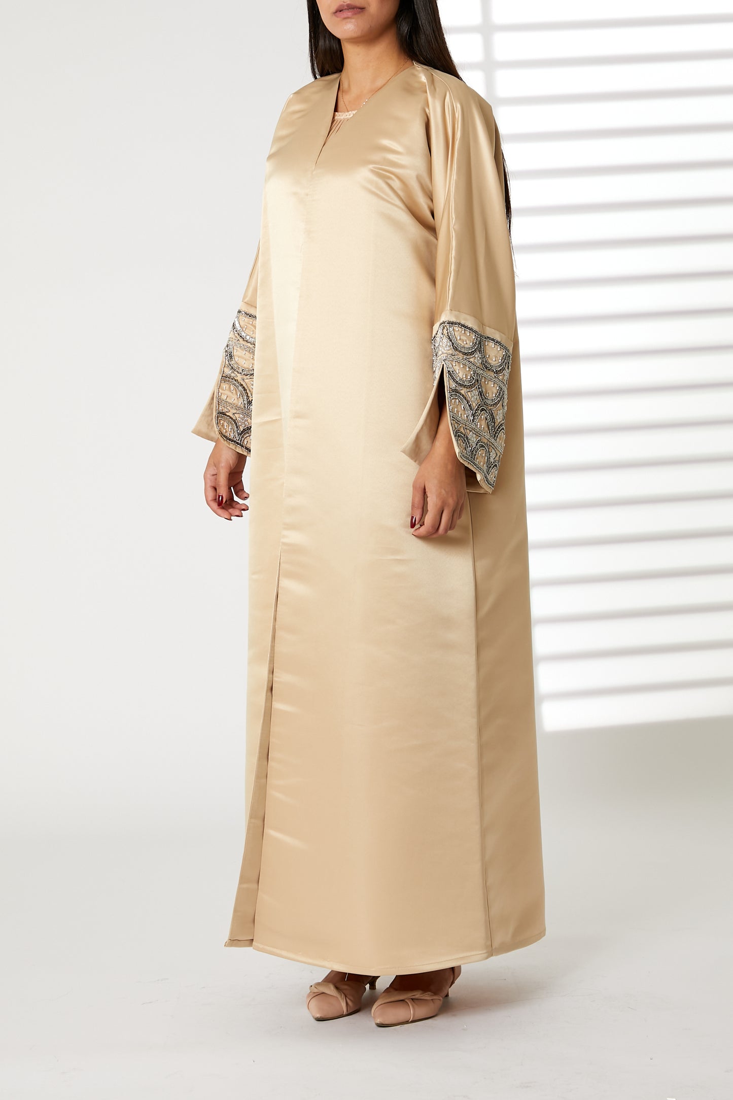 Copy of MOiSTREET Navy V-Neck Bridal Satin Split Cuffs Abaya (8053740437731)