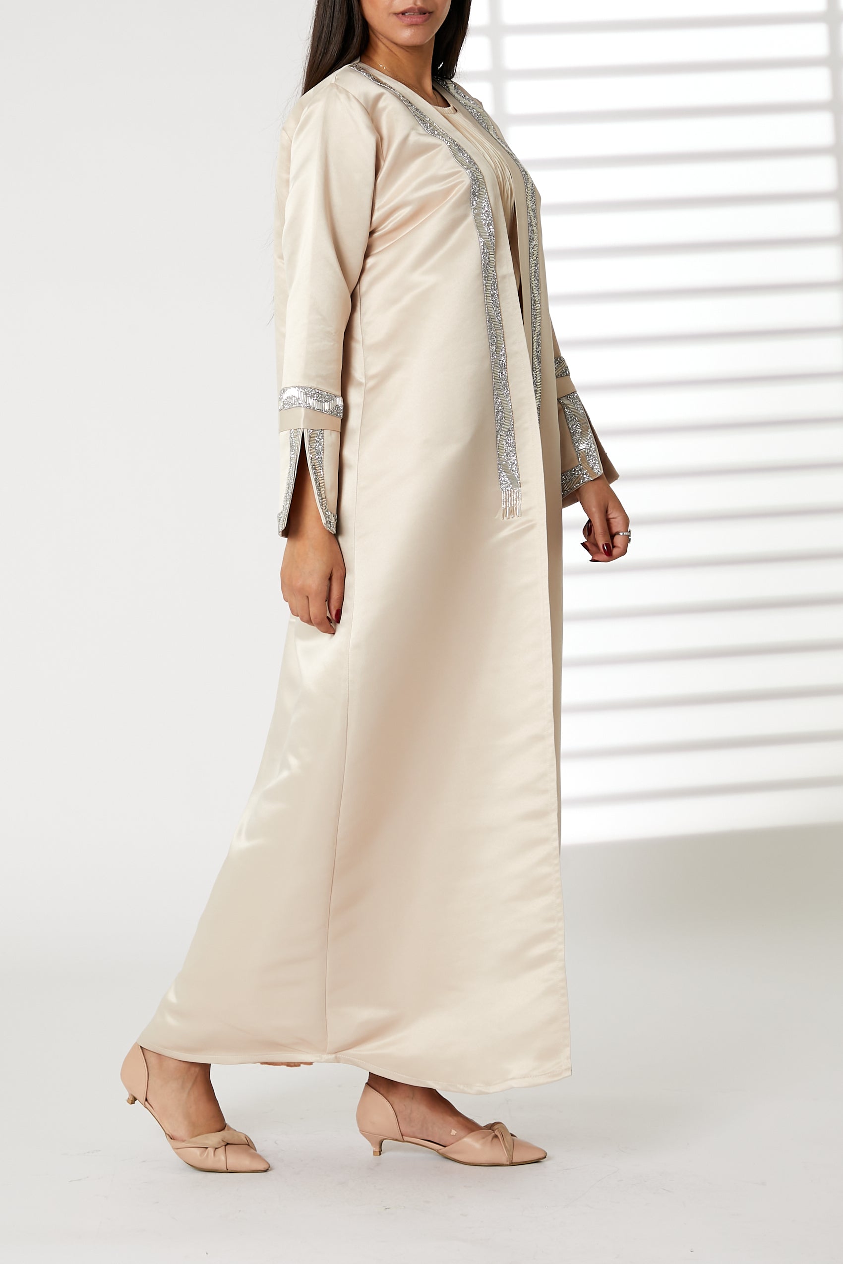 MOiSTREET Peach Bridal Satin Abaya with Split Cuffs (8053741912291)